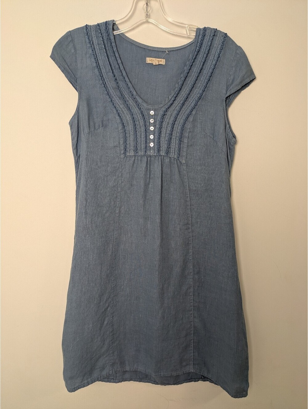 Lina Tomei Made in Italy Blue Linen Pintuck Beaded Cap Sleeve Tunic Dress Small